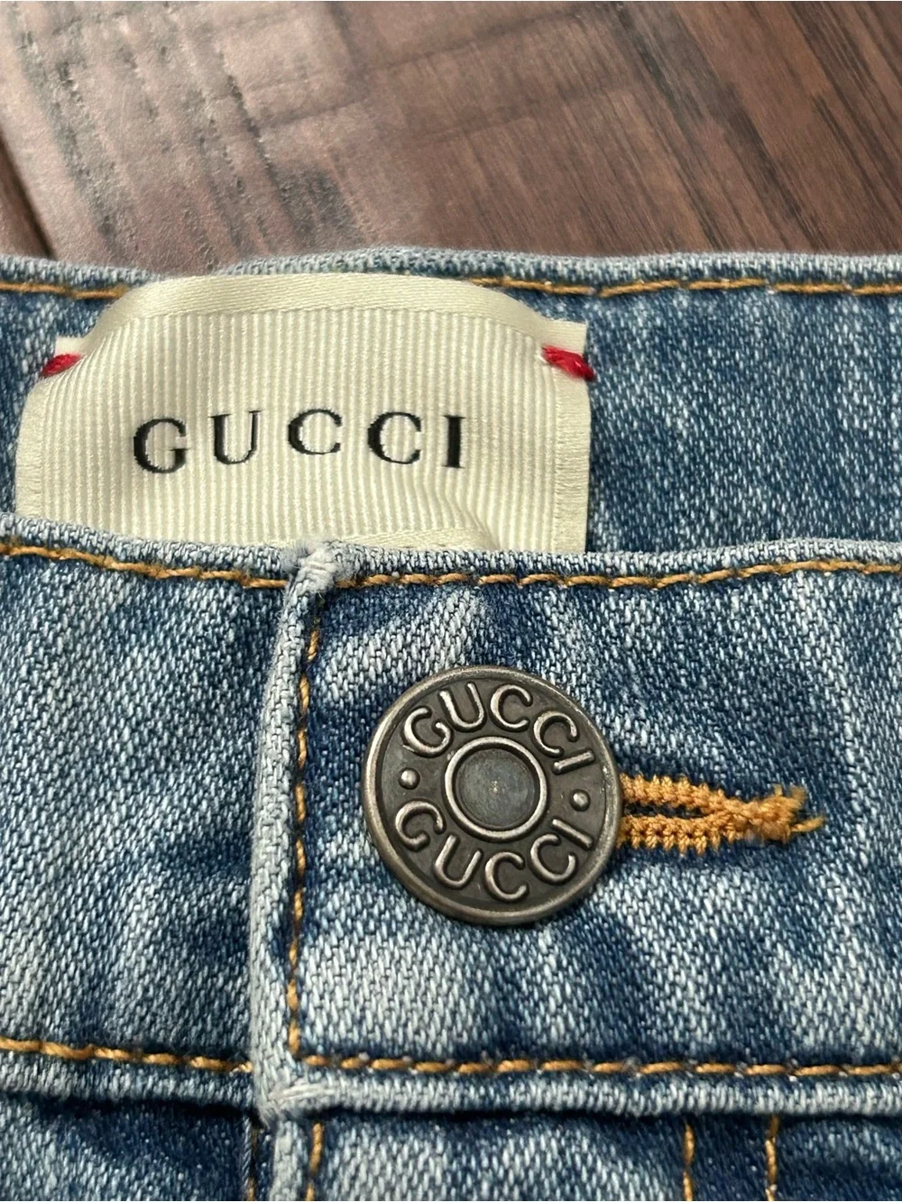 Gucci Light Blue Denim Jeans with Tan Leather Patch